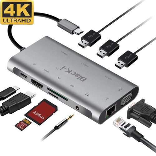 HUB 10 en 1: USB-C, audio, LAN, HDMI, VGA, SD, Micro SD, 3x USB 3.0